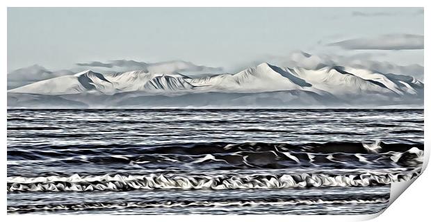 Snow covered mountains on Arran (painting) Print by Allan Durward Photography