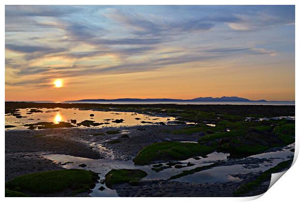 Arran sunset  panorama at low tide, Greenan Ayr Print by Allan Durward Photography