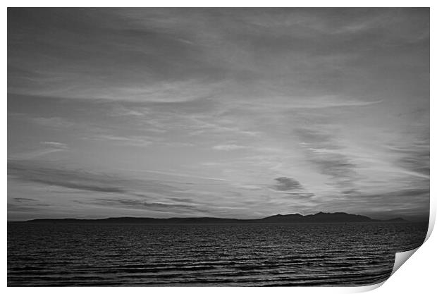 Isle of Arran silhouetted at dusk (b&w) Print by Allan Durward Photography