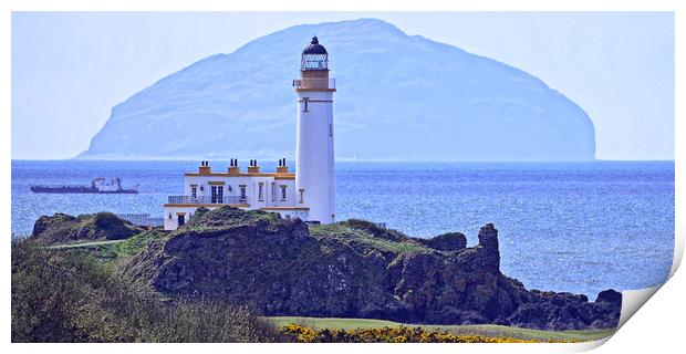 Ship passing Turnberry lighthousa and Ailsa Craig Print by Allan Durward Photography