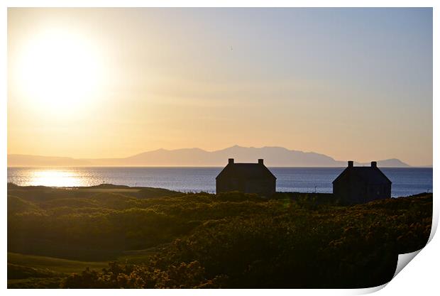 Prestwick salt pan houses and Arran at sunset Print by Allan Durward Photography