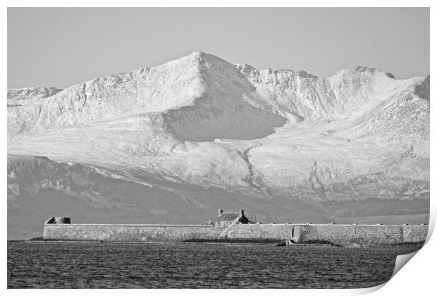 Imposing snow topped Goat Fell, Saltcoats harbour Print by Allan Durward Photography