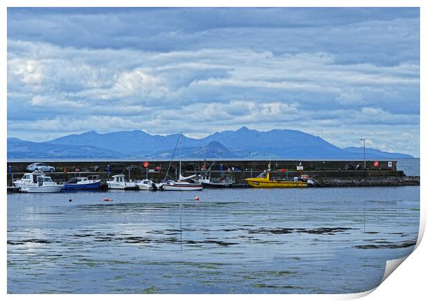 Maidens Ayrshire, the harbour and Arran`s mountains Print by Allan Durward Photography