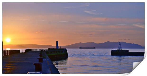 Ayr harbour pier and Arran at sunset Print by Allan Durward Photography
