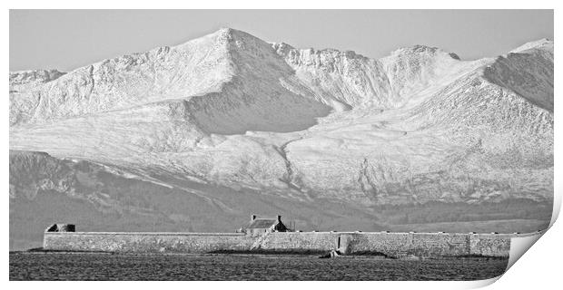 Saltcoats harbour wall and mountains on Arran Print by Allan Durward Photography