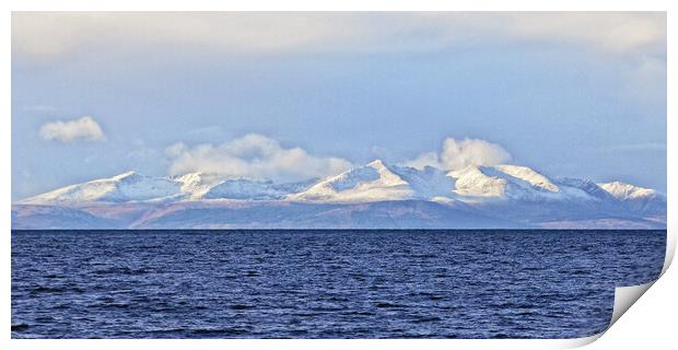 Snow topped mountains on Isle of Arran Print by Allan Durward Photography