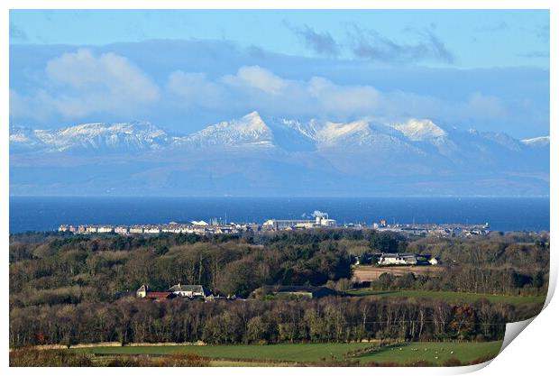 Troon and snow covered Isle of Arran mountains Print by Allan Durward Photography