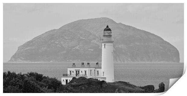  Turnberry lighthouse and Ailsa Craig B&W Print by Allan Durward Photography