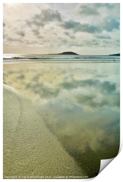 Cloud Reflections On Millendreath Beach, Cornwall. Print by Neil Mottershead