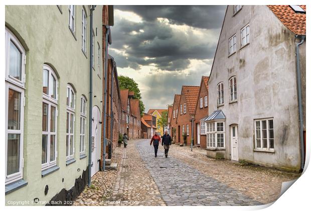 Streets and houses in old Hanseatic town Tonder in Denmark Print by Frank Bach