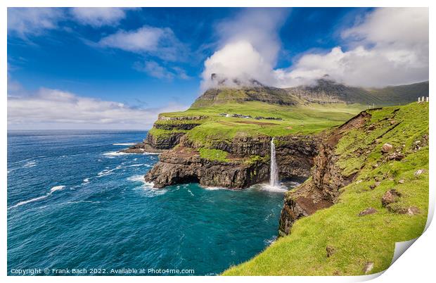 Gasadalur with Mulafossur waterfall on Vagar, Faroe Islands Print by Frank Bach