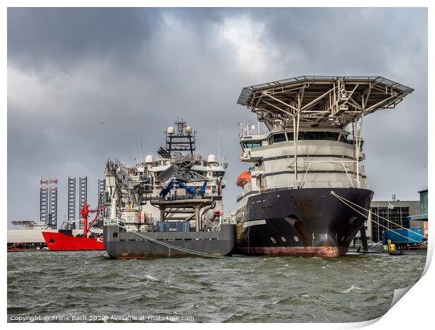 Supply ships for oil and wind power in Esbjerg flooded harbor, Denmark  Print by Frank Bach