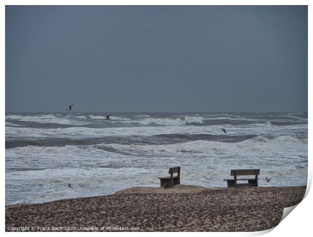 Henne beach in Jutland with benches on a stormy day, Denmark Print by Frank Bach