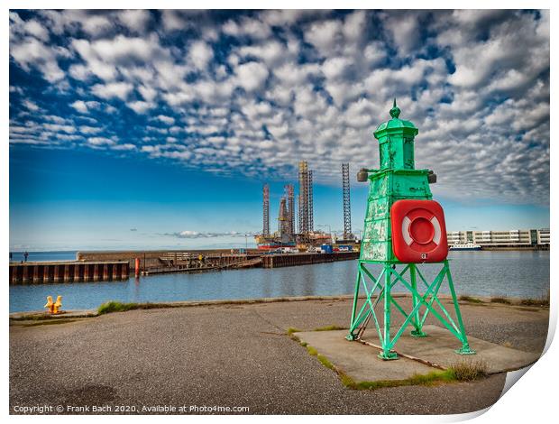 Retro lighthouse at the entrance to Esbjerg harbor, Denmark Print by Frank Bach