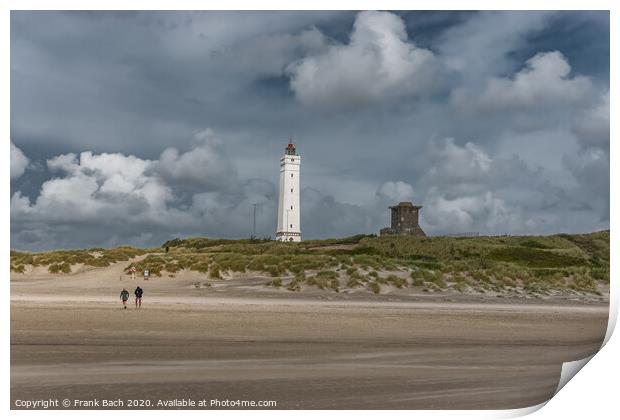 Blaavand beach lighthouse at the North sea coast on a windy day, Denmark Print by Frank Bach