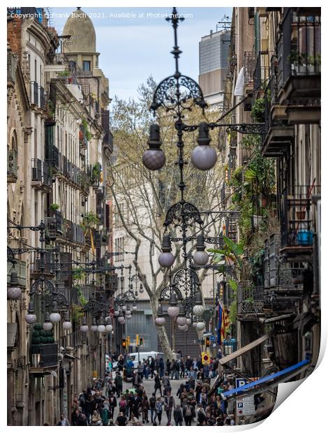 Ornate street lamps on buildings in Barcelona Print by Frank Bach