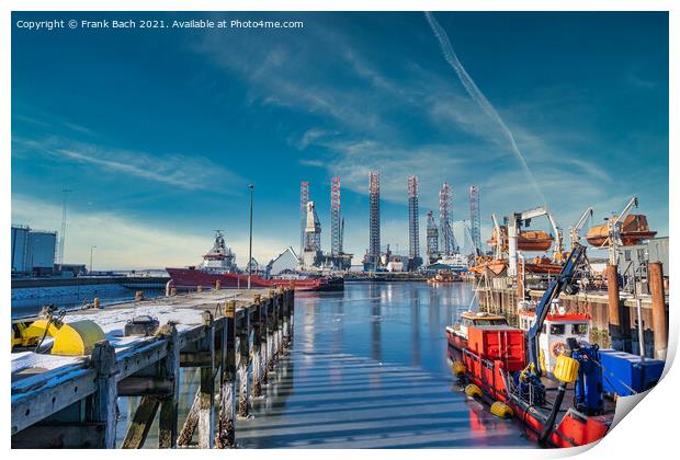 Wind power rigs in Esbjerg harbor. Denmark Print by Frank Bach