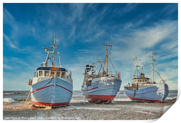 Coastal fishing boats vessels at Thorup beach in Western Denmark Print by Frank Bach