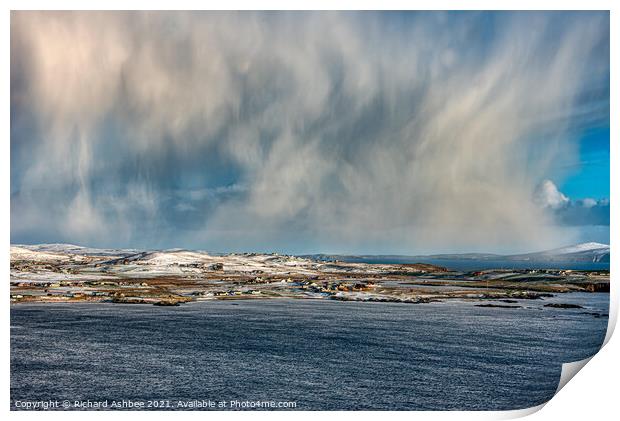 Dramatic snow storm over Cunningsburgh Shetland Print by Richard Ashbee