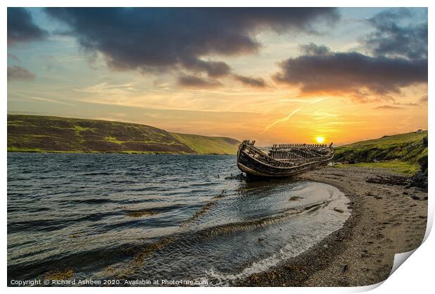 Final resting place of an old boat at Trondra, She Print by Richard Ashbee
