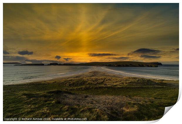 Sun pillar over St Ninian's tombolo Print by Richard Ashbee