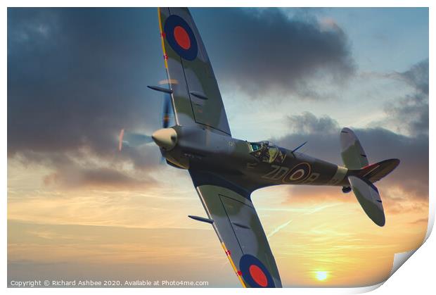 WW2 Supermarine Spitfire at sunset Print by Richard Ashbee