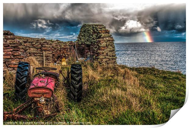 Shetland Red tractor and rainbow Print by Richard Ashbee