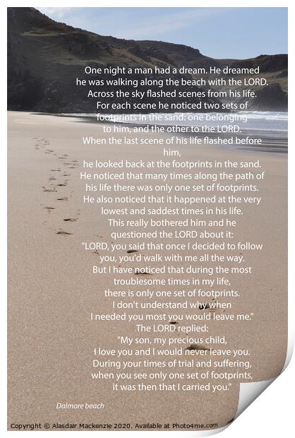 Footprints poem on Lewis beach Print by Alasdair Mackenzie