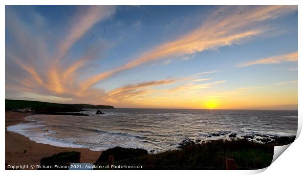Thurlestone rock, sunset with clouds swirling in t Print by Richard Fearon