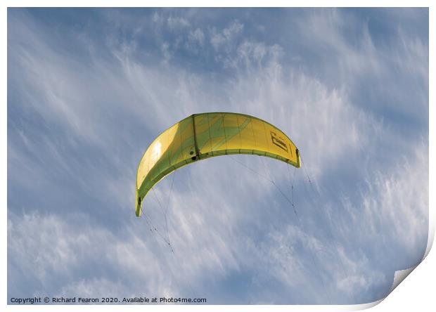 Yellow Kite Surf Flying Print by Richard Fearon