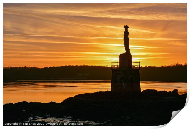 Nelsons statue sunset on the Menai Strait Print by Tim Snow