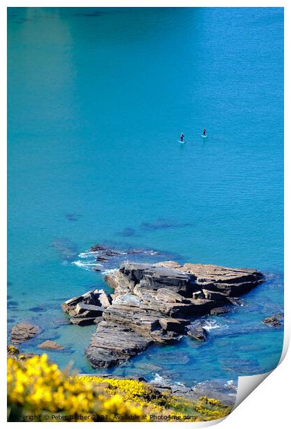 Two paddle boarders on the cornish coastline in pe Print by Peter Barber