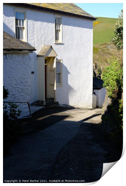 A house on a narrow street in Port Isaac. Print by Peter Barber