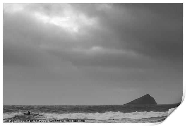 Individual surfer in Wembury Bay with the Great Mew Stone Print by Peter Barber