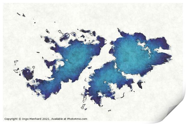 Falkland Islands map with drawn lines and blue watercolor illust Print by Ingo Menhard