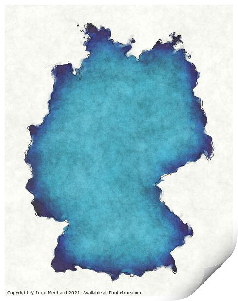 Germany map with drawn lines and blue watercolor illustration Print by Ingo Menhard
