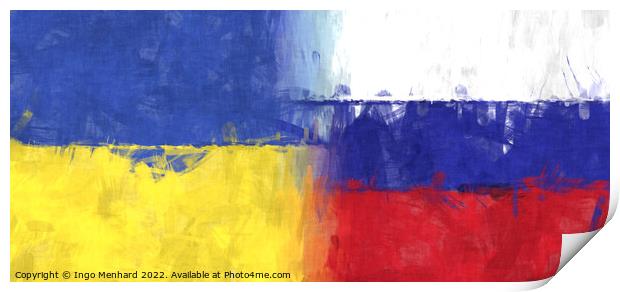 Drawn fraternal flags of Ukraine and Russia Print by Ingo Menhard