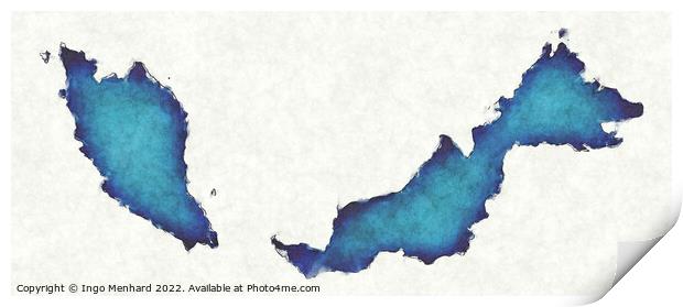 Malaysia map with drawn lines and blue watercolor illustration Print by Ingo Menhard