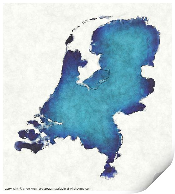 Netherlands map with drawn lines and blue watercolor illustratio Print by Ingo Menhard
