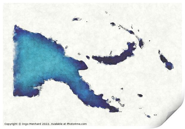 Papua New Guinea map with drawn lines and blue watercolor illust Print by Ingo Menhard