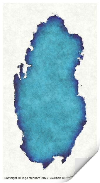 Qatar map with drawn lines and blue watercolor illustration Print by Ingo Menhard