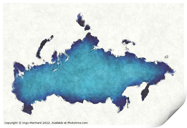 Russia map with drawn lines and blue watercolor illustration Print by Ingo Menhard