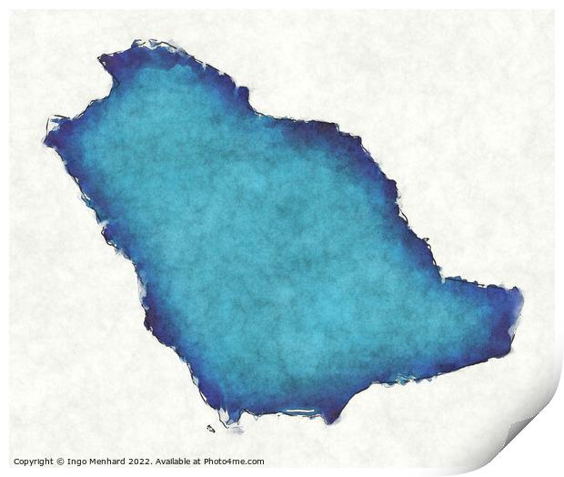 Saudi Arabia map with drawn lines and blue watercolor illustrati Print by Ingo Menhard