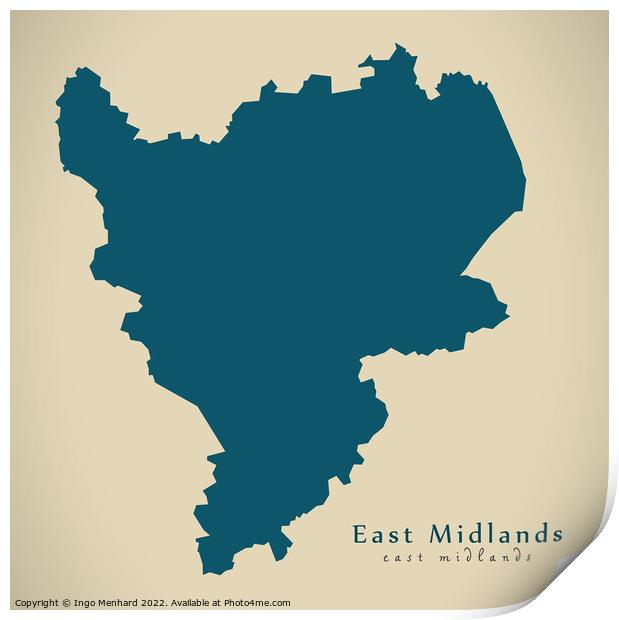 Modern Map - East Midlands UK design Print by Ingo Menhard