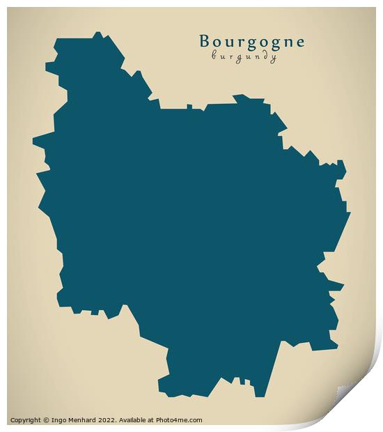 Modern Map - Bourgogne FR France Print by Ingo Menhard