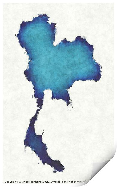 Thailand map with drawn lines and blue watercolor illustration Print by Ingo Menhard