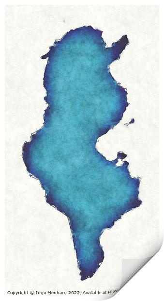 Tunisia map with drawn lines and blue watercolor illustration Print by Ingo Menhard