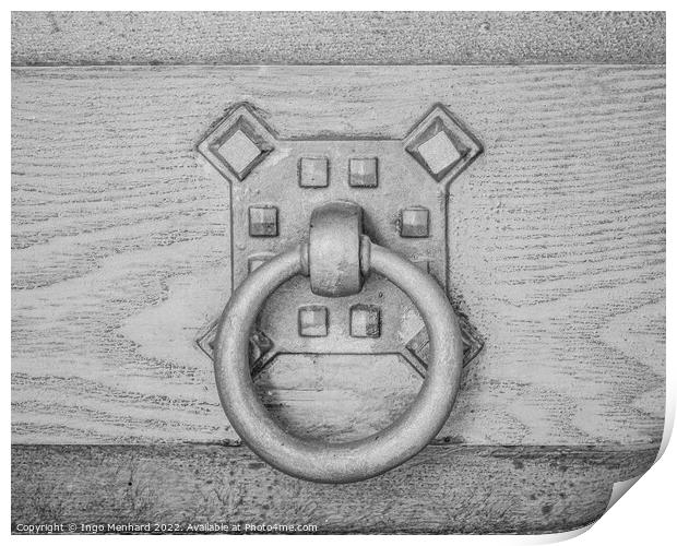 A closeup shot of an old metal doorknob on a wooden door Print by Ingo Menhard
