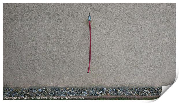 Closeup shot of a grey wall with a water tap and a hanging red hose Print by Ingo Menhard