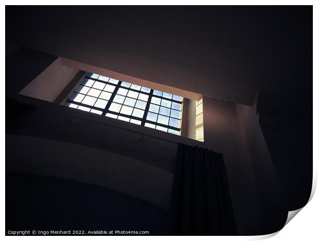 A low-angle shot of a small square window with bars in the dark room Print by Ingo Menhard